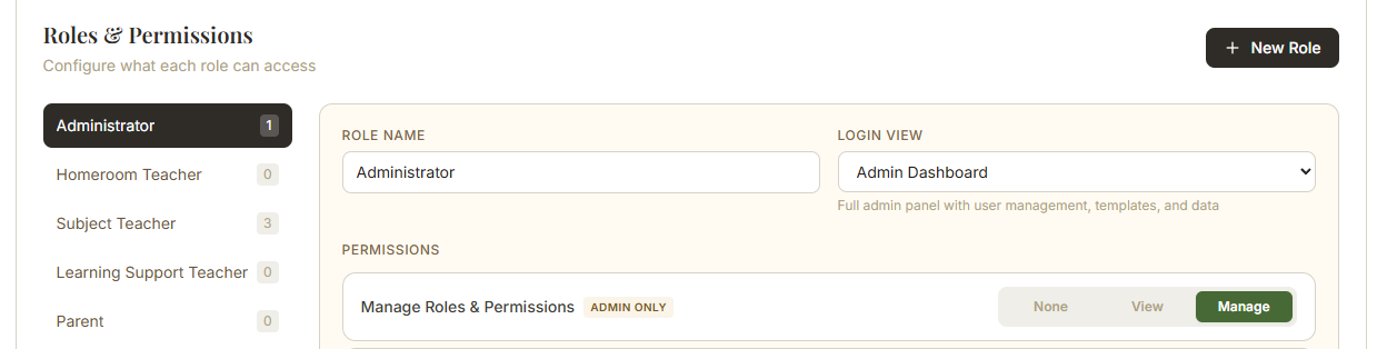 The Roles & Permissions screen: per-role access levels for administrators, teachers, learning support, and parents